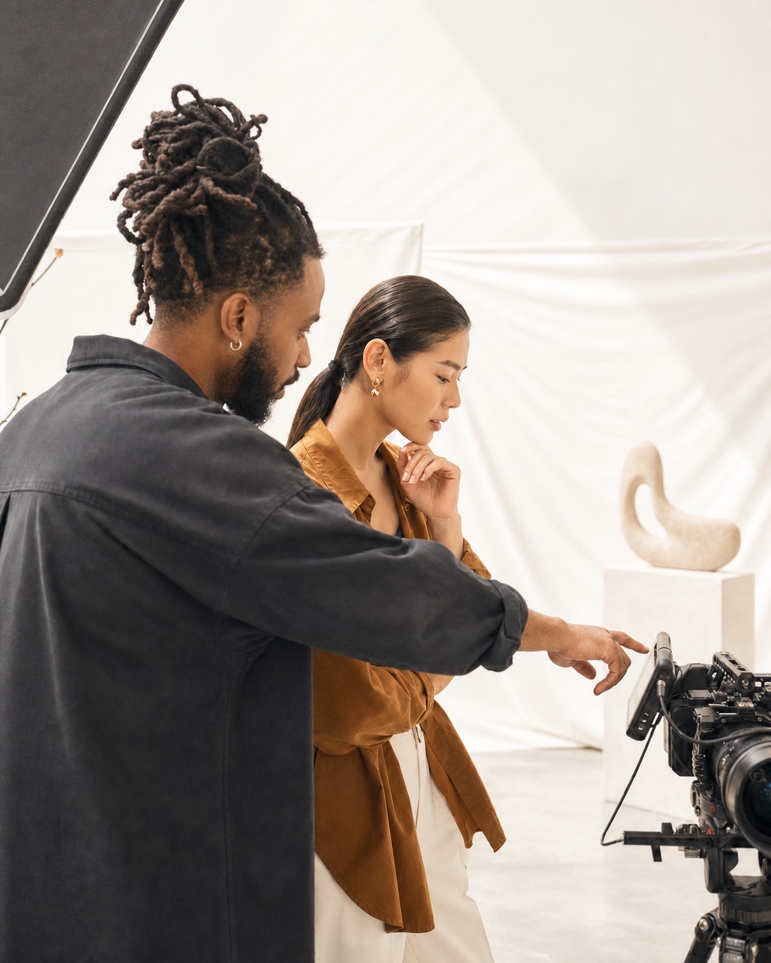 Creative team directing a bright studio production